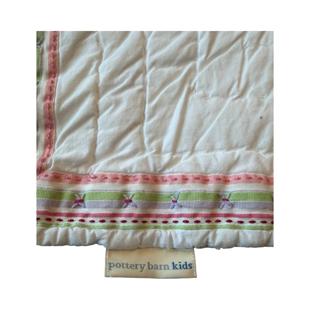 Pottery Barn Kids Quilted Throw Blanket White Purple Tulip Floral Embroidered